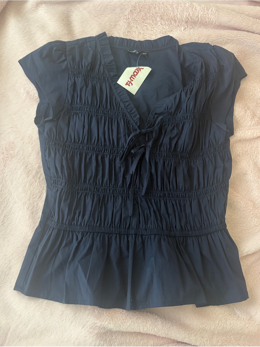 Unknown Brand Women's Navy Smocked Tie-Front Top